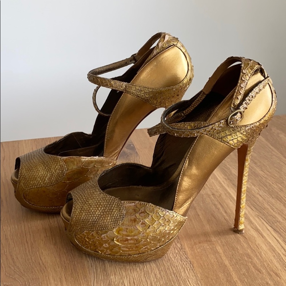 Alexander Mcqueens Soft Leather Python Gold Heels - image 1